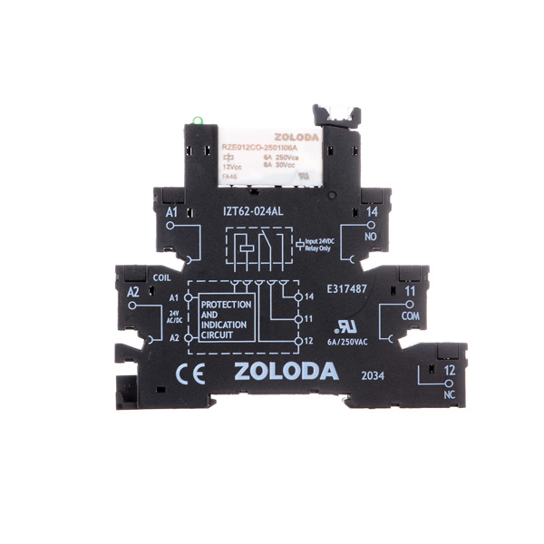Interface electromecánica 6,2 mm a tornillo, 1 contacto inversor, salida de 250 Volt, 1×6 A, relé 12 VCC