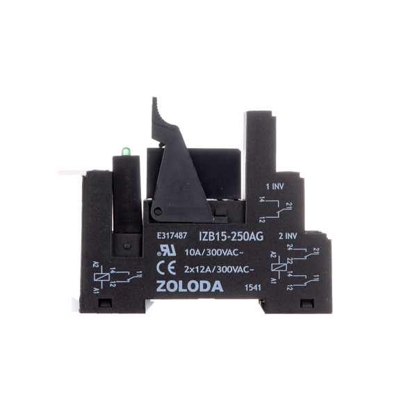 Interface electromecánica 15,6 mm tornillo 2 contactos inversores, entrada: 24 VCC (+A1-A2) salida: 250 Volt 2×8 A, brida y módulo con diodo y LED